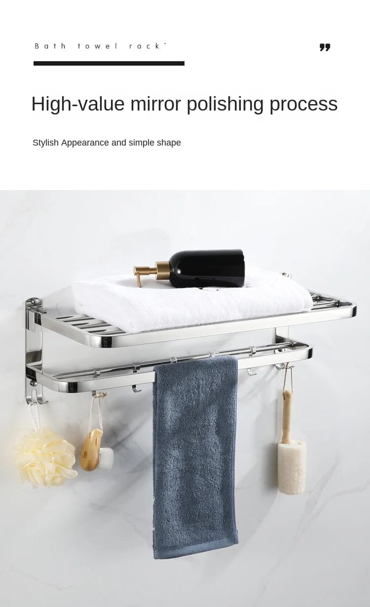 Bathroom wall mounted towel rack accessory with hooks