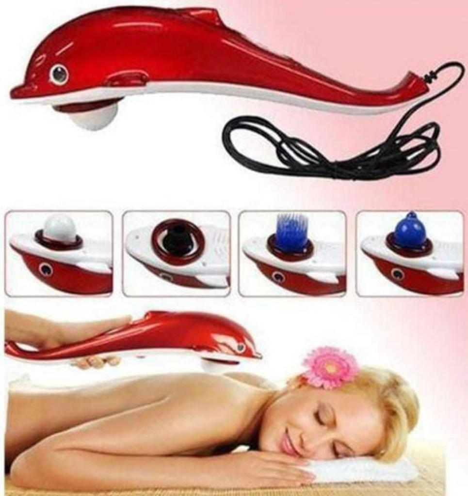 A red dolphin-shaped massager with interchangeable heads, shown alongside an image of a person lying down, presumably using the massager.