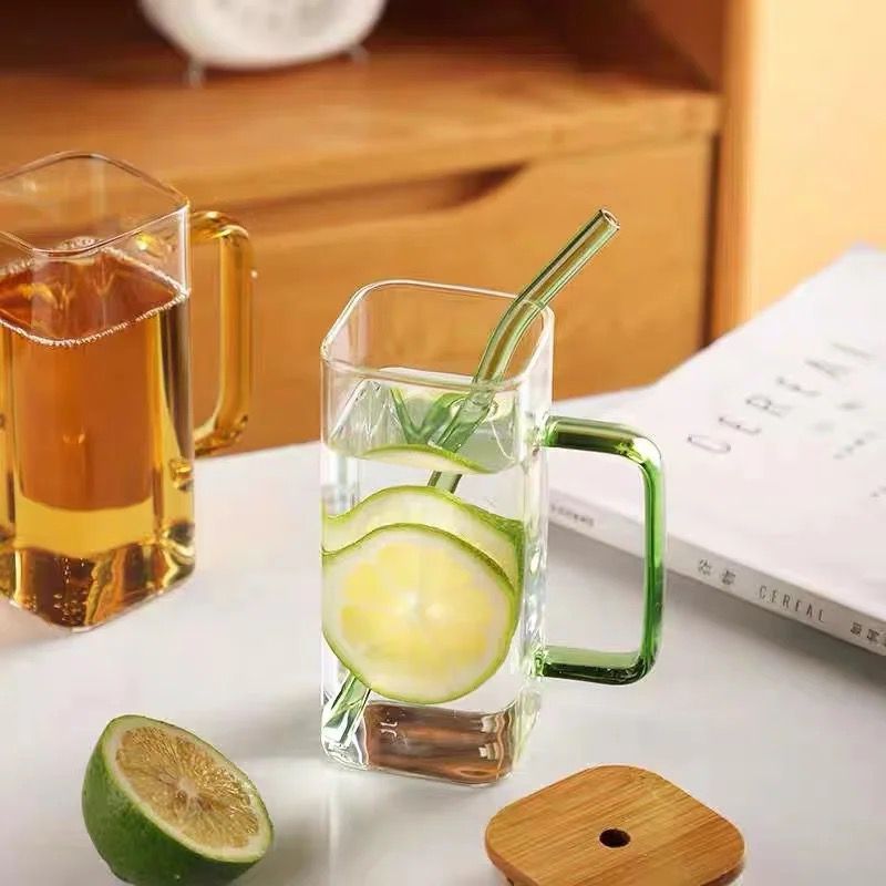 Square Transparent Borosilicate Drinking Glass skoothie Cup/Tumbler with bamboo lid