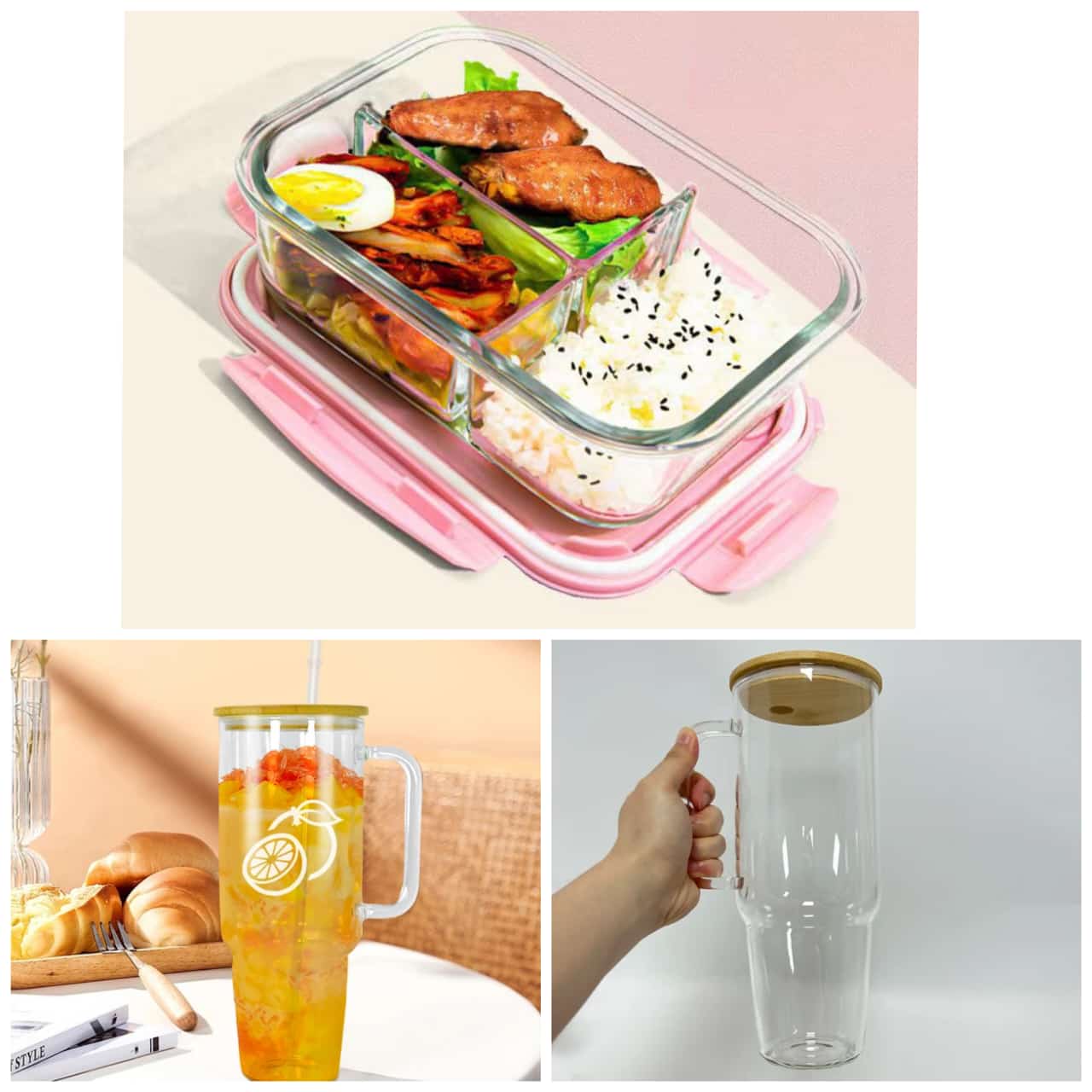 Microwave Large Capacity 1400mls+ Borosilicate Glass mug with Bamboo lid