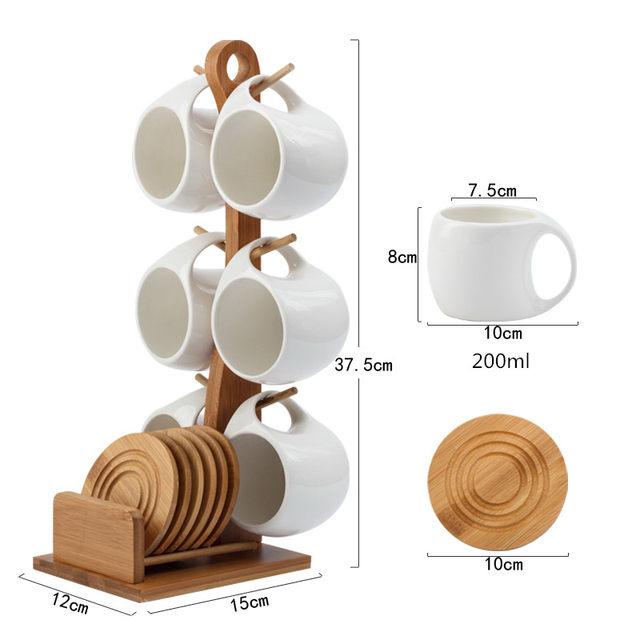 Fashion ceramic 6 cups (200ml) with wooden bamboo stand