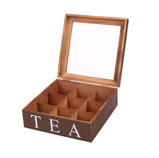 Wooden 9 Grids Tea Box Tea Bags Container Storage Box Case Transparent Top Lid