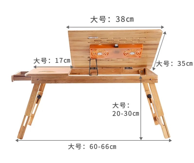 Foldable Bamboo laptopTable with double Fans and a drawer