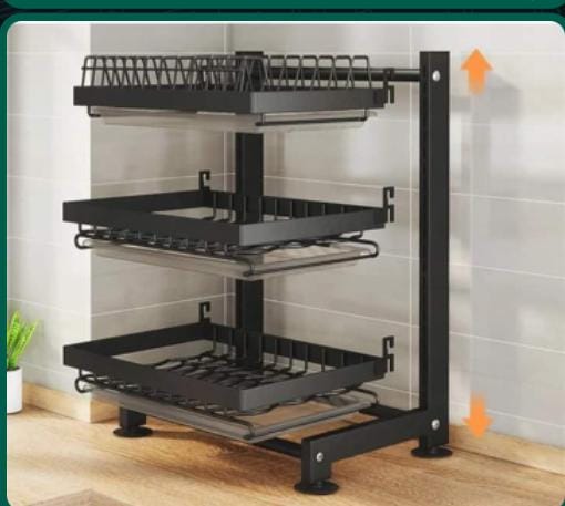 height adjustable High quality dishrack with drain trays, chopping board and cutlery holders