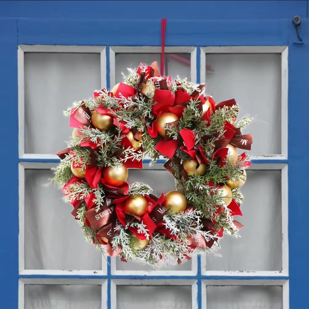 Front Door Christmas Wreath With Christmas Ornaments