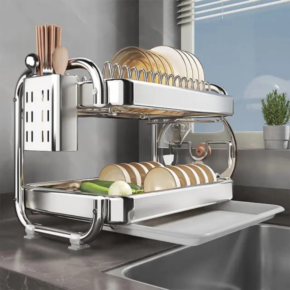 2-Tier Kitchen Chrome plated Dish Rack with drain tray