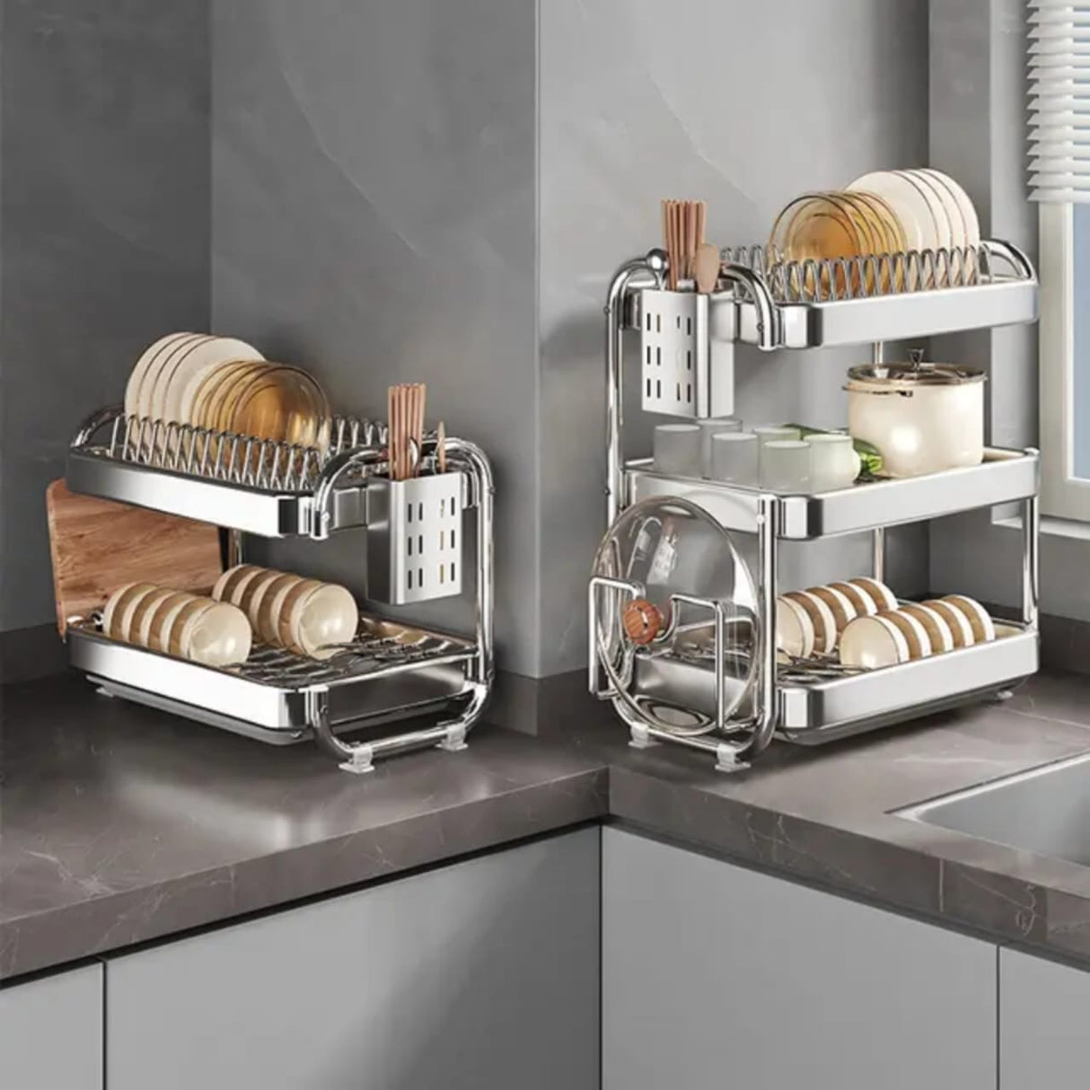 2-Tier Kitchen Chrome plated Dish Rack with drain tray