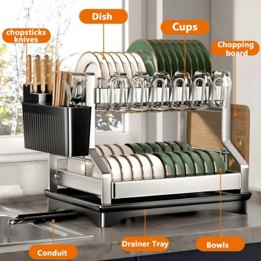 2-Tier Kitchen Dish Rack with drain tray