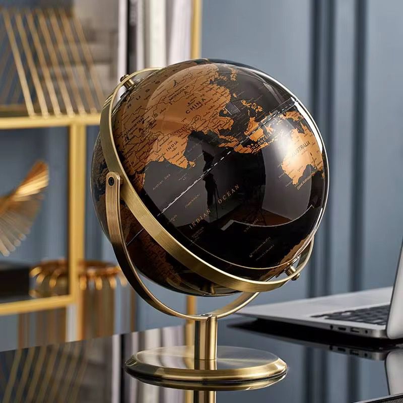 Desktop Figurines Rotating Retro Gold Black World Globe Metal Bracket Decor Desktop Decoration