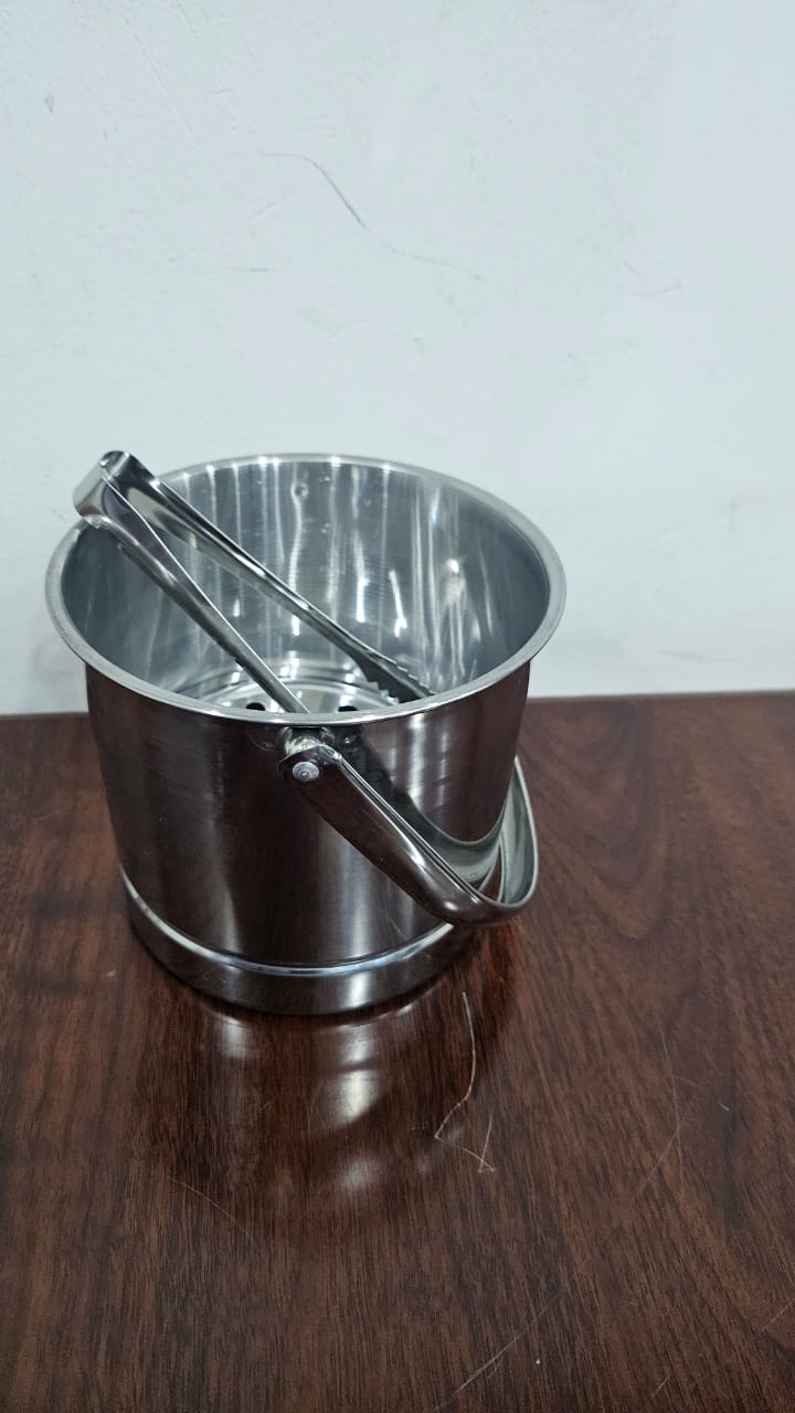 metallic Ice cube bucket with a liquid separator plus tong