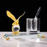 Gold Silver Bronze Metal Eagle with Globe Desktop Gift Crystal Pen Holder Set for Table Office Decoration