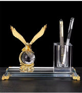 Gold Silver Bronze Metal Eagle with Globe Desktop Gift Crystal Pen Holder Set for Table Office Decoration
