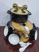 set of 6 ceramic marble-like soup bowls 1 soup touren on bamboo base + burner