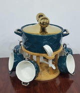 set of 6 ceramic marble-like soup bowls 1 soup touren on bamboo base + burner