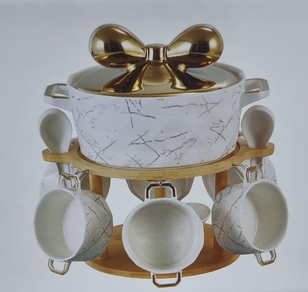 set of 6 ceramic marble-like soup bowls 1 soup touren on bamboo base + burner