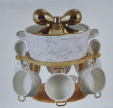 set of 6 ceramic marble-like soup bowls 1 soup touren on bamboo base + burner