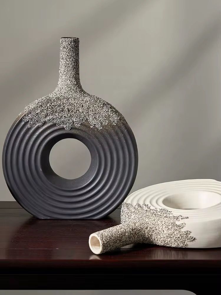Ceramic Donut Vase, 12 inch Flower Vase for Home Decor, Round Matte Textured Vase