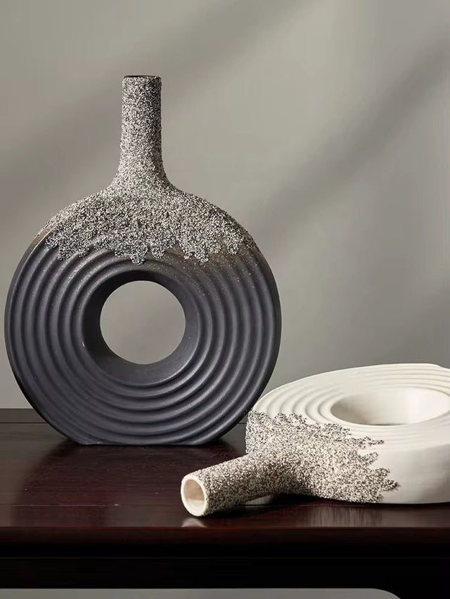 Ceramic Donut Vase, 12 inch Flower Vase for Home Decor, Round Matte Textured Vase