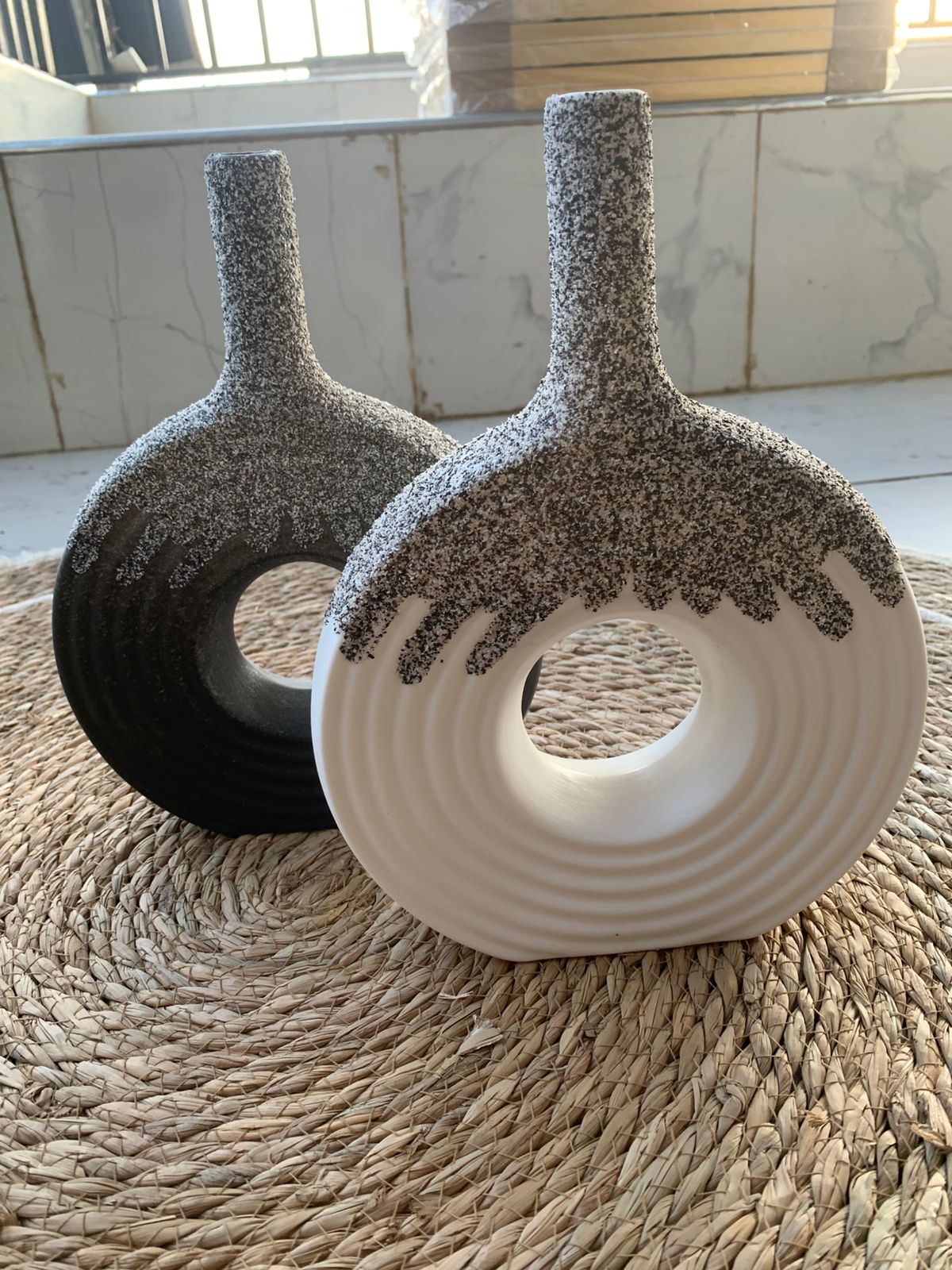 Ceramic Donut Vase, 12 inch Flower Vase for Home Decor, Round Matte Textured Vase