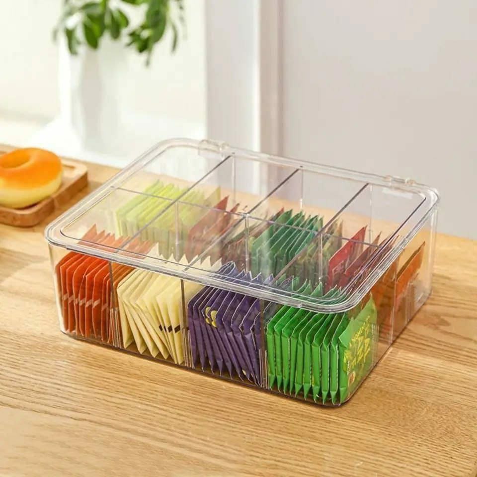 Acrylic Tea Bag Organizer With cover and Compartment Divider box