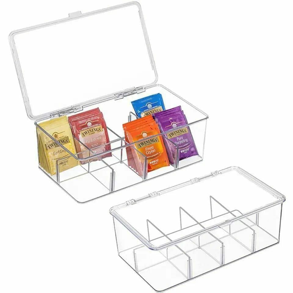 Acrylic Tea Bag Organizer With cover and Compartment Divider box