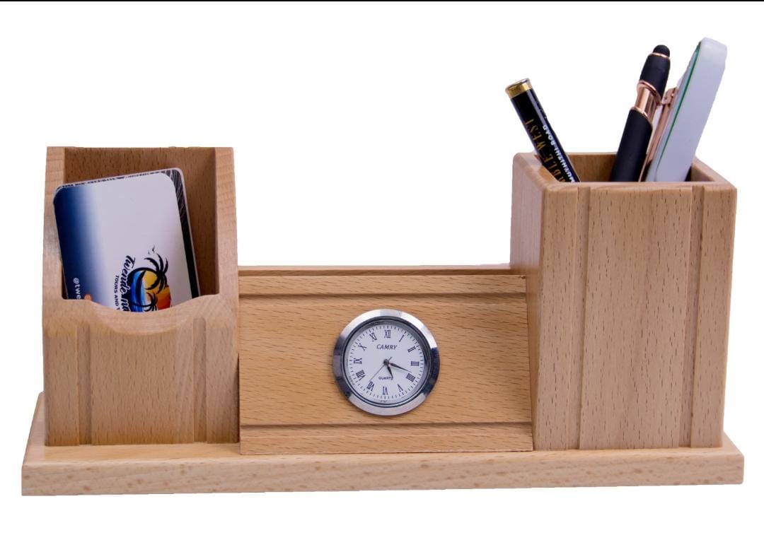 Wooden desk organiser with clock