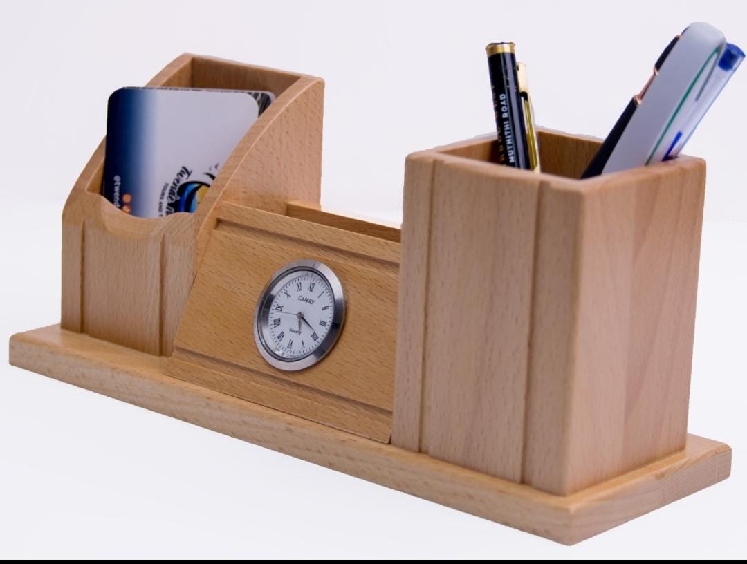 Wooden desk organiser with clock
