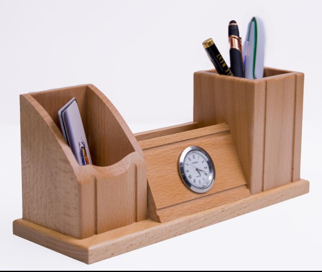 Wooden desk organiser with clock