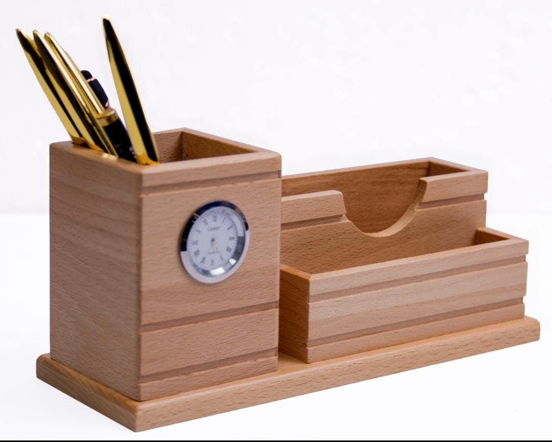 Wooden desk organiser with clock