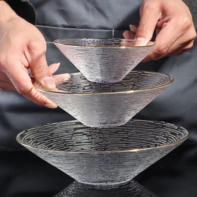 Transparent Glass Plate  Golden Edge Fruit Salad Dessert Breakfast Dish Bowl Set Tablewear Dishes