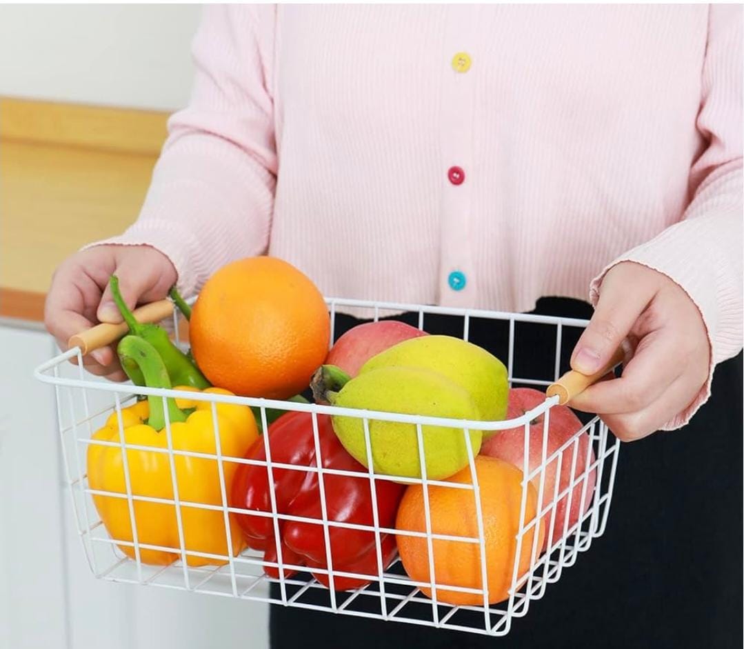 Multipurpose classy BLACK  & WHITE metallic mesh basket wooden handle