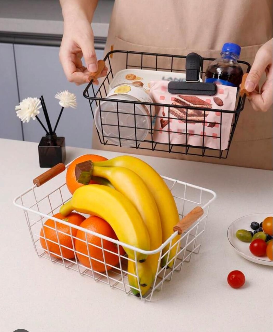 Multipurpose classy BLACK  & WHITE metallic mesh basket wooden handle