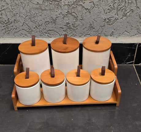 7pcs Ceramic Canisters Set  with Bamboo Stand  