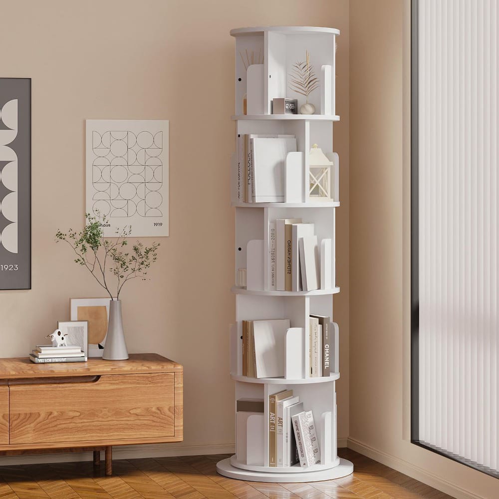 rotating stackable bookshelf organizer with wheels