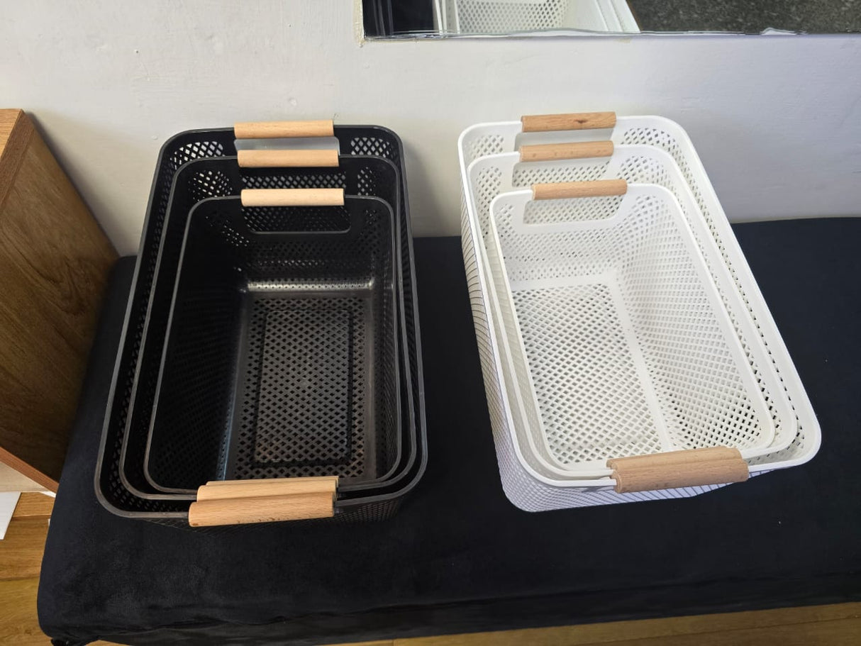Large size Modern hard Plastic Storage Basket with Wooden Handles