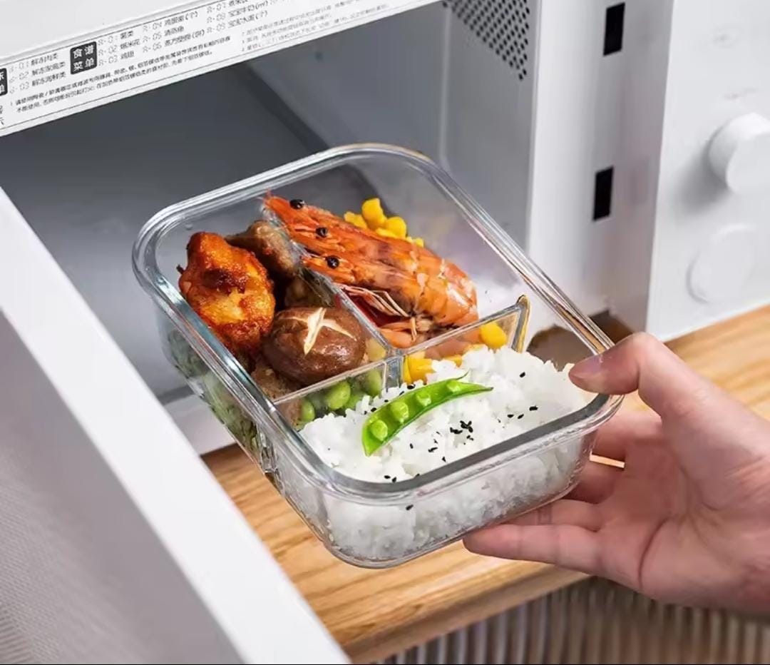 High borosilicate Glass food containers 
1050ml
✅Double partitioned
 ✅single
✅Tripple
Microwave friendly 
