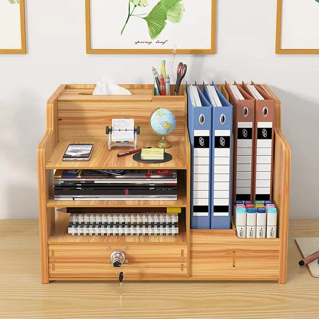 Bamboo Desk Organizer, Desktop Wood Bookshelf File Organizer, Pen Holder and Tissue Holder, 1 Drawer with lock for Office, Home
