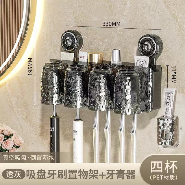 Toothbrush holder/Toothpaste dispenser with 4 cups glacier pattern wall mounted non perforated suction cup