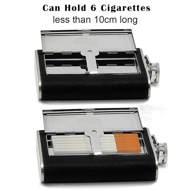 Stainless steel hip flask with a hidden cigarette storage