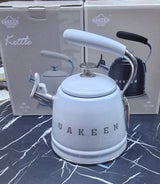 white UAKEEN Germany retro stovetop kettle in cream white with chrome handle and lid knob, available in cream, grey and navy blue