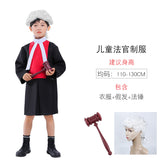 Child in judge costume with gavel, wig, and robe on a white background