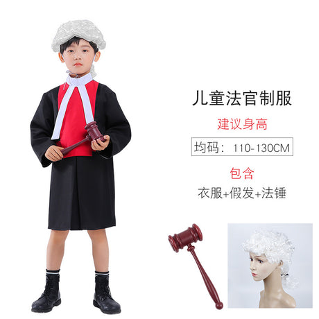 Child in judge costume with gavel, wig, and robe on a white background