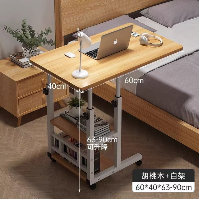 Adjustable mobile laptop desk with storage shelf, wheels, and height adjustment from 63–90cm. Perfect for bed, sofa, study, and home office use.