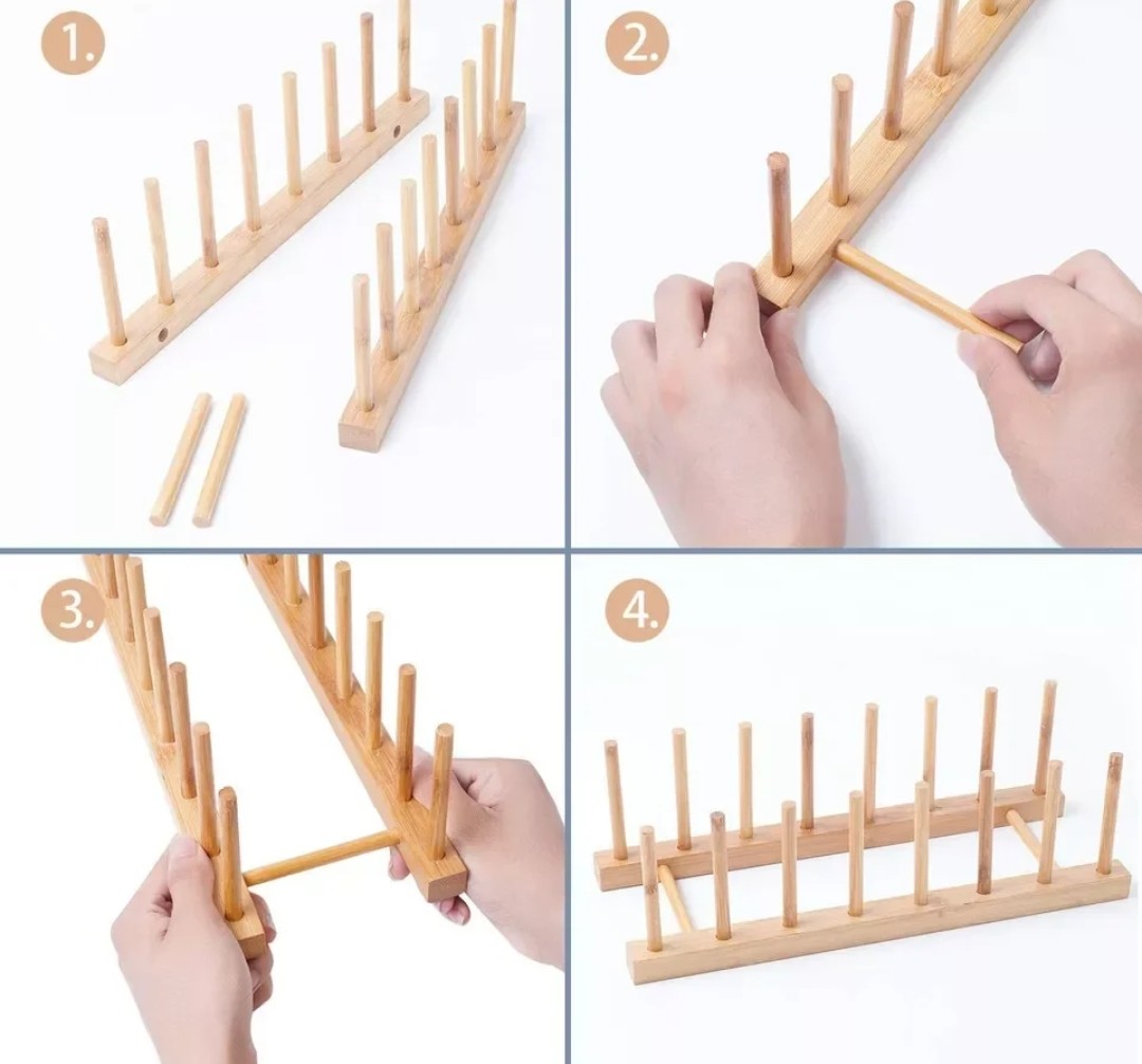 Natural bamboo wooden plate rack stand with 7 upright rod slots holding white ceramic dinner plates vertically on a kitchen counter, shown with easy 4-step no-tool assembly — dish drying and storage organiser available at iDecorators Kenya, Nairobi.