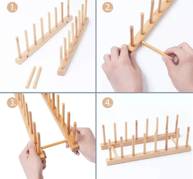Natural bamboo wooden plate rack stand with 7 upright rod slots holding white ceramic dinner plates vertically on a kitchen counter, shown with easy 4-step no-tool assembly — dish drying and storage organiser available at iDecorators Kenya, Nairobi.