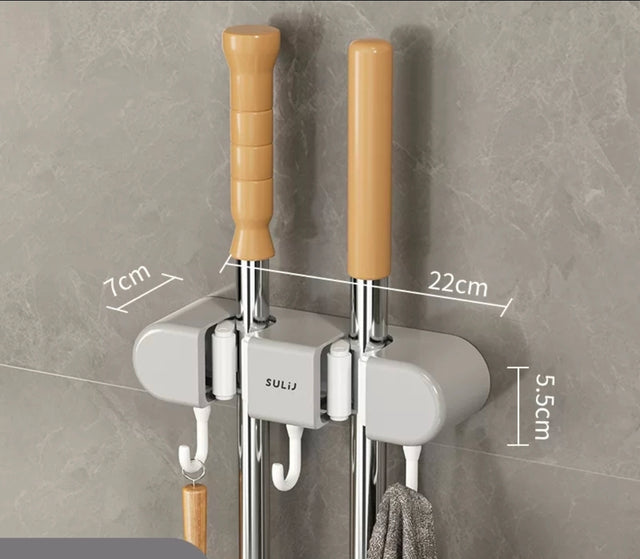 Wall Mounted Mop & Broom Holder – 2 Racks, 3 Hooks