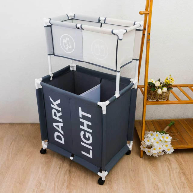Rolling Laundry Hamper with Dual Sorting Baskets & Storage Shelf