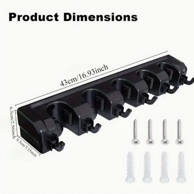 Black Wall Mounted Broom & Mop Holder with 5 Holders and 6 Hooks