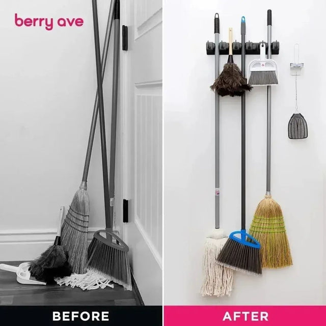 Black Wall Mounted Broom & Mop Holder with 5 Holders and 6 Hooks