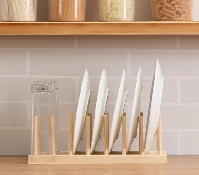 7 Slot Bamboo Plate Rack Holder | Pot Lid, Cutting Board & Dish Organizer